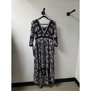 Papillon Boho Floral Maxi Dress Women's L–100% Viscose, Tie-Sleeve, V-Neck,‎ NWT